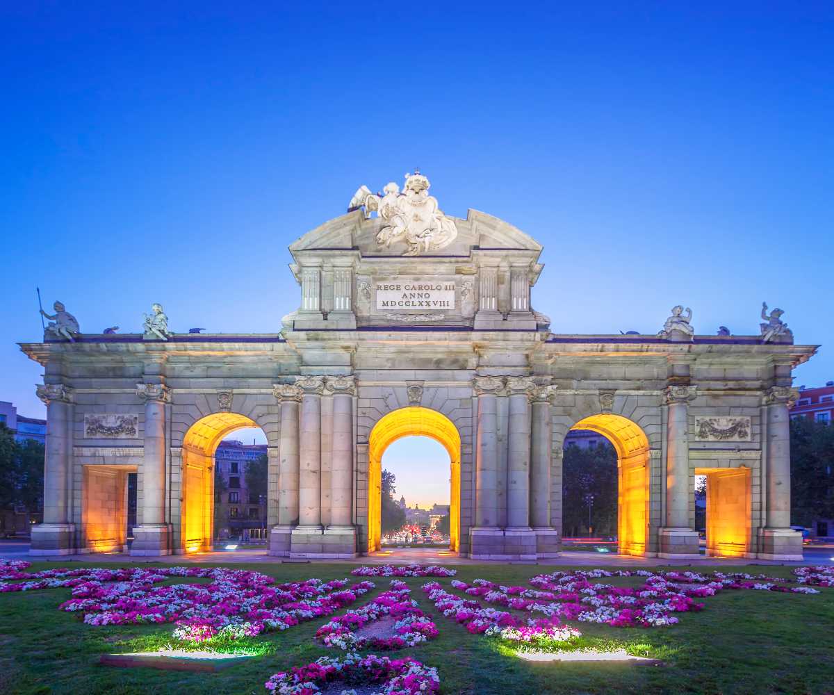 View of Puerta de Alcala at sunset, Madrid, Spain